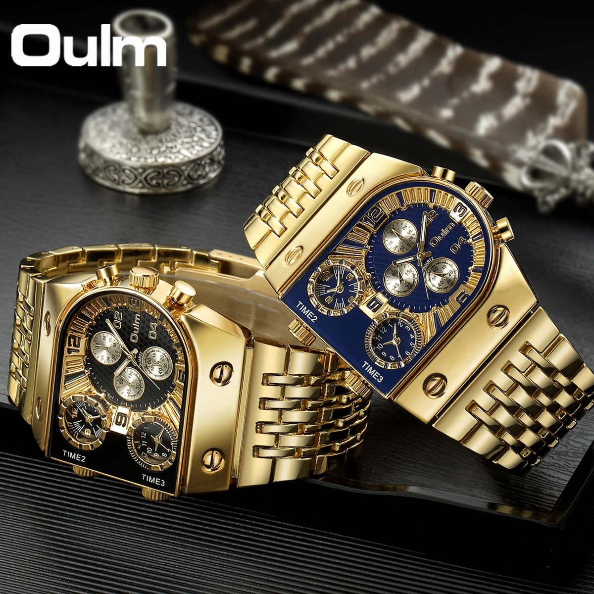 ⌚ Montre Oulm Unique – Design Carré Doré, Multi-Fuseaux Horaires & Style Militaire