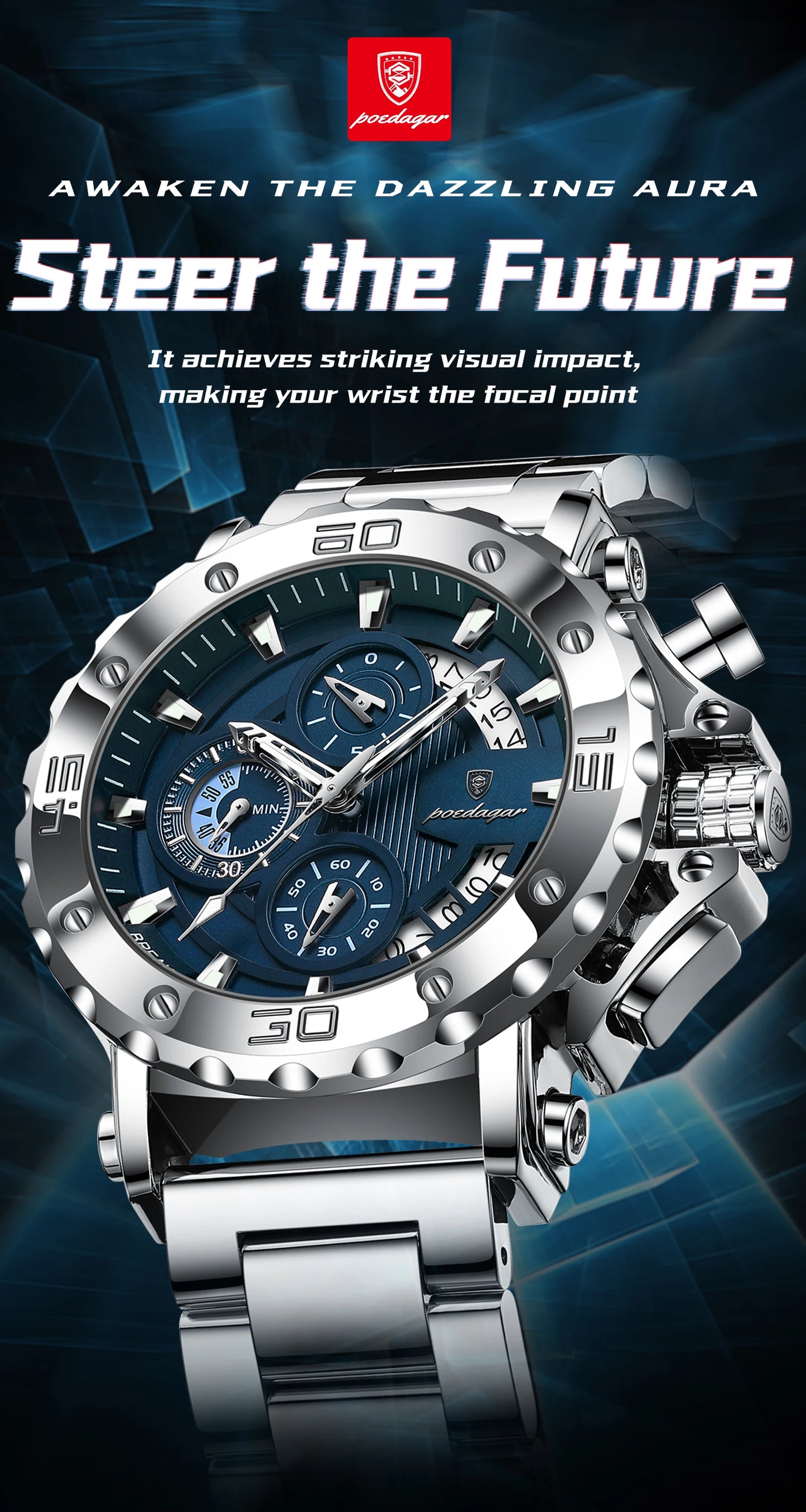 ⌚ POEDAGAR 892 – Montre Chronographe de Luxe pour Homme en Acier Inoxydable
