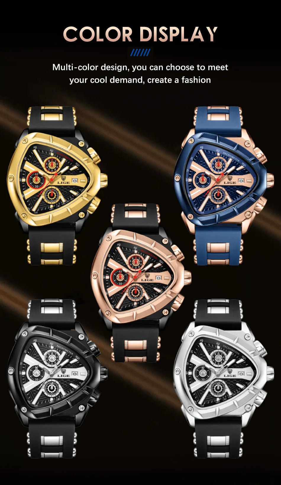 ⏱️ Montre Homme LIGE LG89103 – Design Triangulaire, Chronographe & Style Militaire Sport