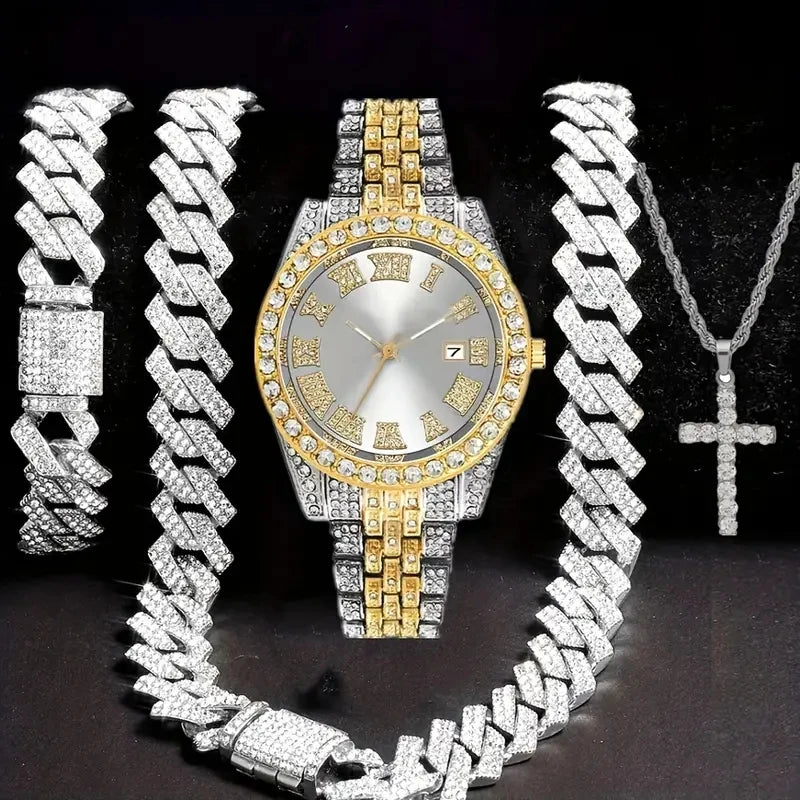 💎 Ensemble Luxe 4 Pièces Homme – Montre Bling & Chaîne Cubaine | RUNERR Edition