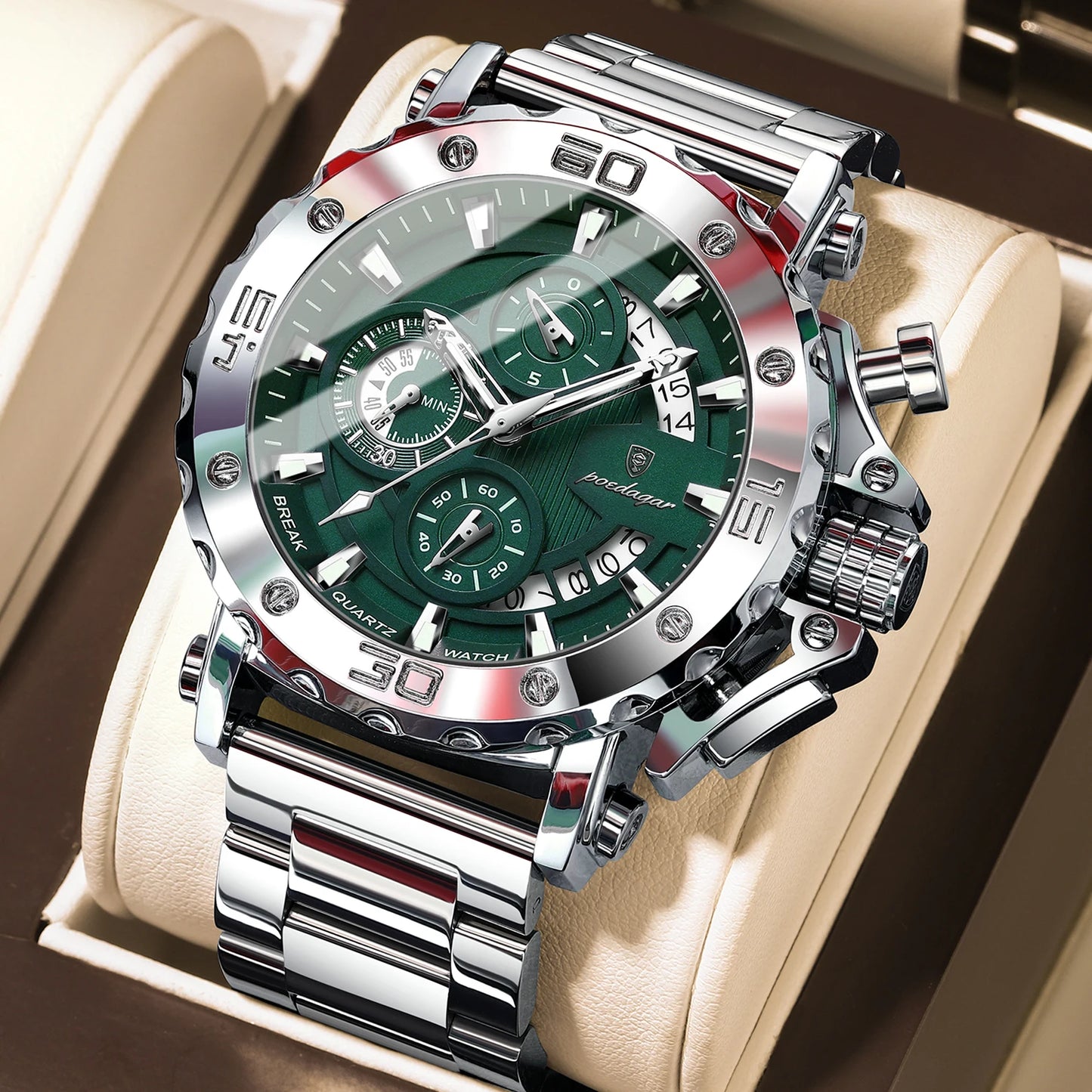 ⌚ POEDAGAR 892 – Montre Chronographe de Luxe pour Homme en Acier Inoxydable