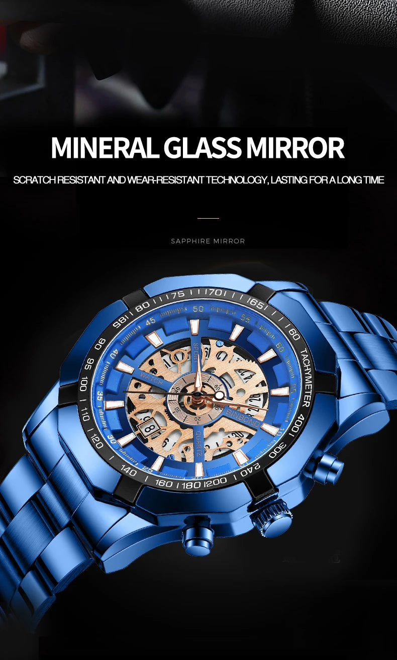 ⌚ BINBOND S033 – Montre Homme de Luxe en Acier Inoxydable Bleue & Étanche