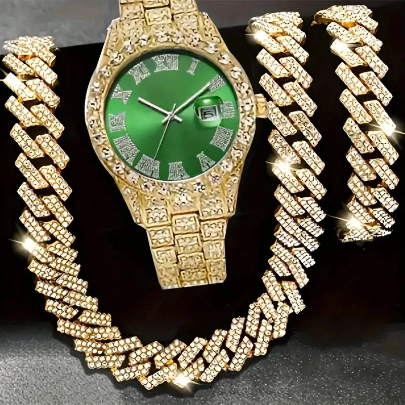 💎 Ensemble Luxe 4 Pièces Homme – Montre Bling & Chaîne Cubaine | RUNERR Edition
