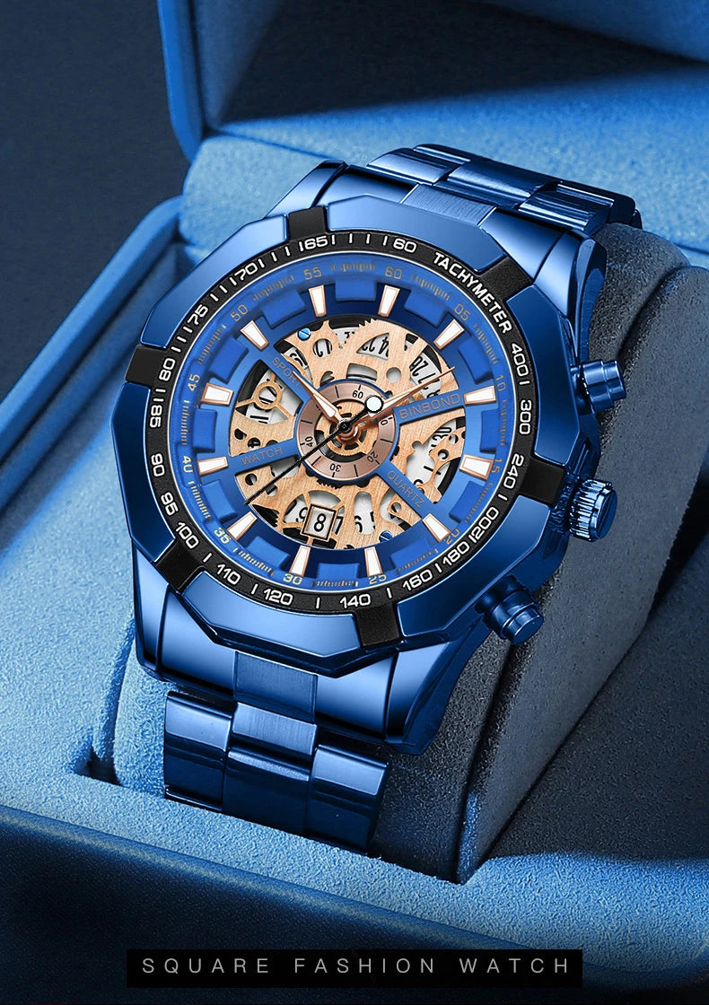⌚ BINBOND S033 – Montre Homme de Luxe en Acier Inoxydable Bleue & Étanche