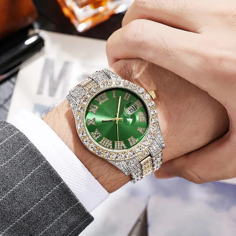 💎 Montre Homme Hip-Hop de Luxe – Acier Inoxydable Doré & Strass Brillants | TVK W1508