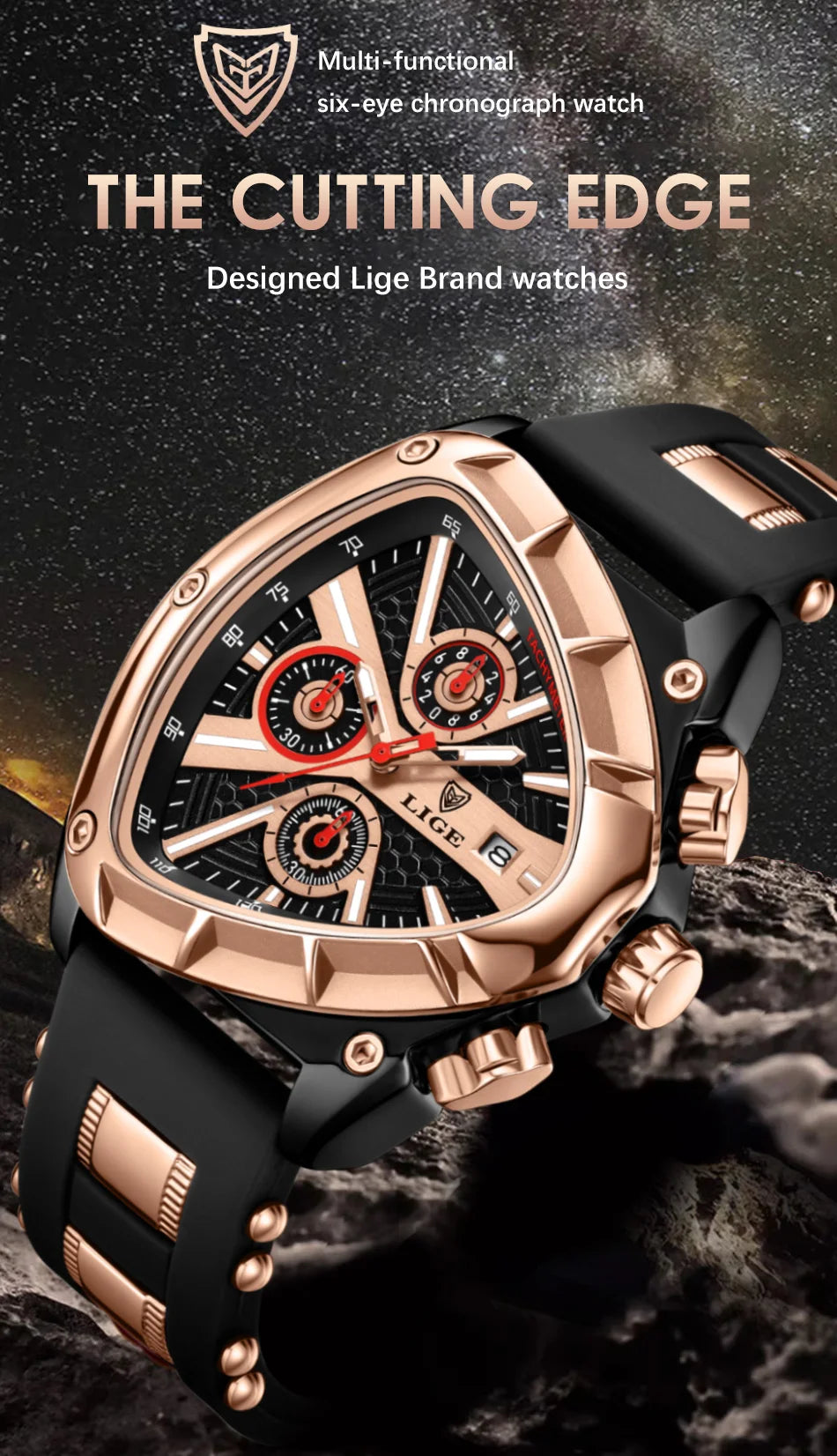⏱️ Montre Homme LIGE LG89103 – Design Triangulaire, Chronographe & Style Militaire Sport