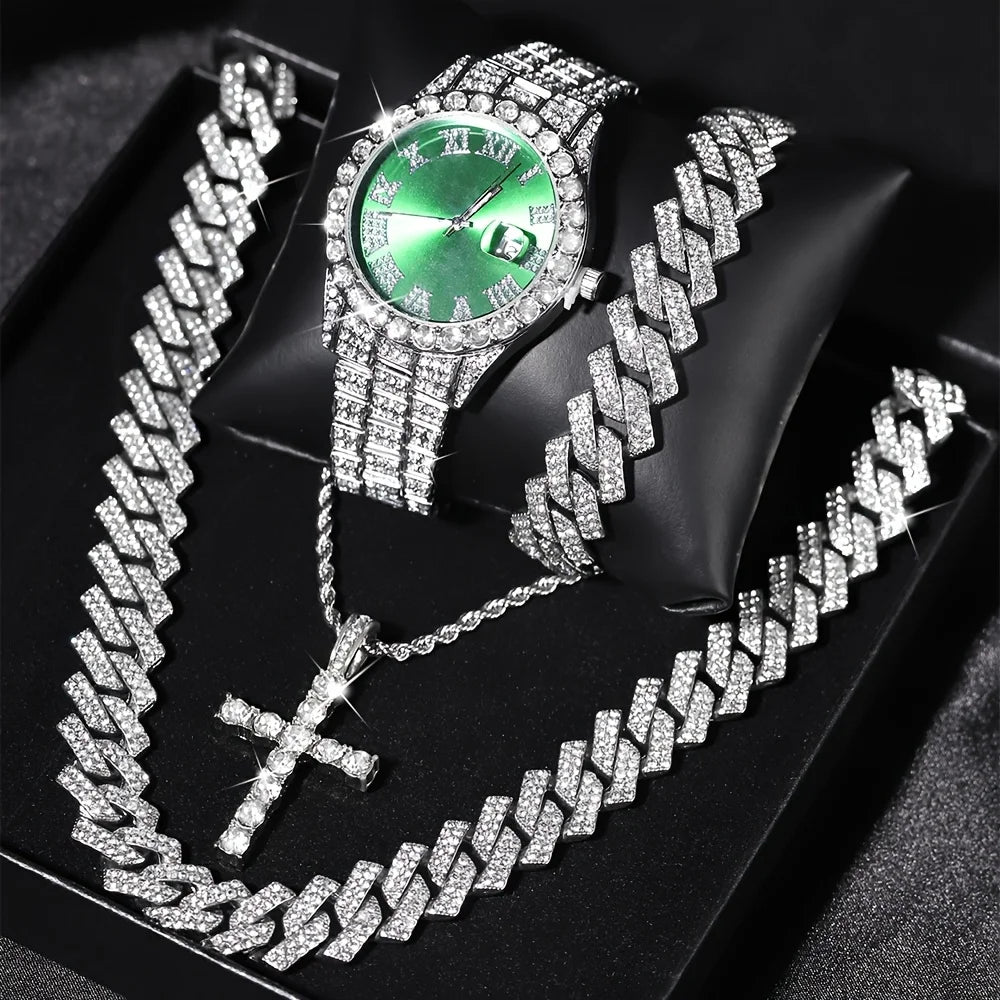 💎 Ensemble Luxe 4 Pièces Homme – Montre Bling & Chaîne Cubaine | RUNERR Edition