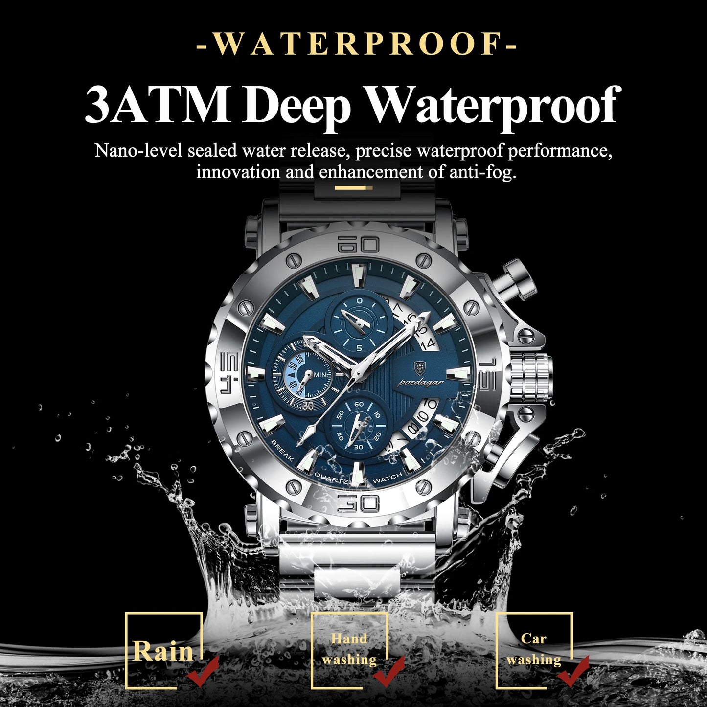 ⌚ POEDAGAR 892 – Montre Chronographe de Luxe pour Homme en Acier Inoxydable