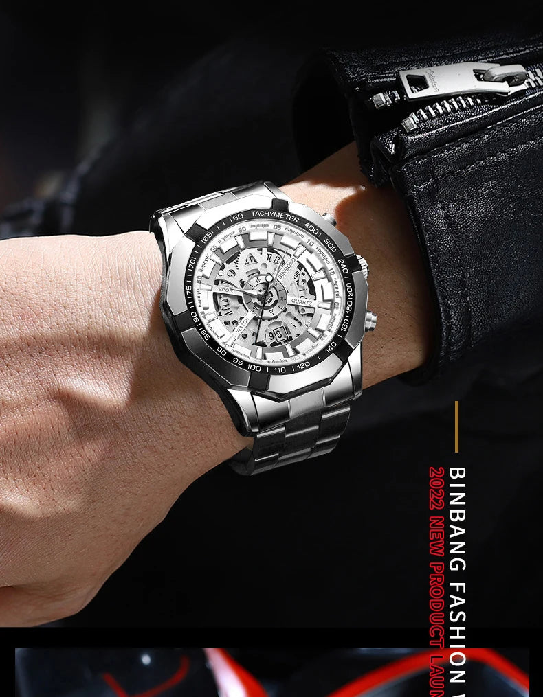 ⌚ BINBOND S033 – Montre Homme de Luxe en Acier Inoxydable Bleue & Étanche