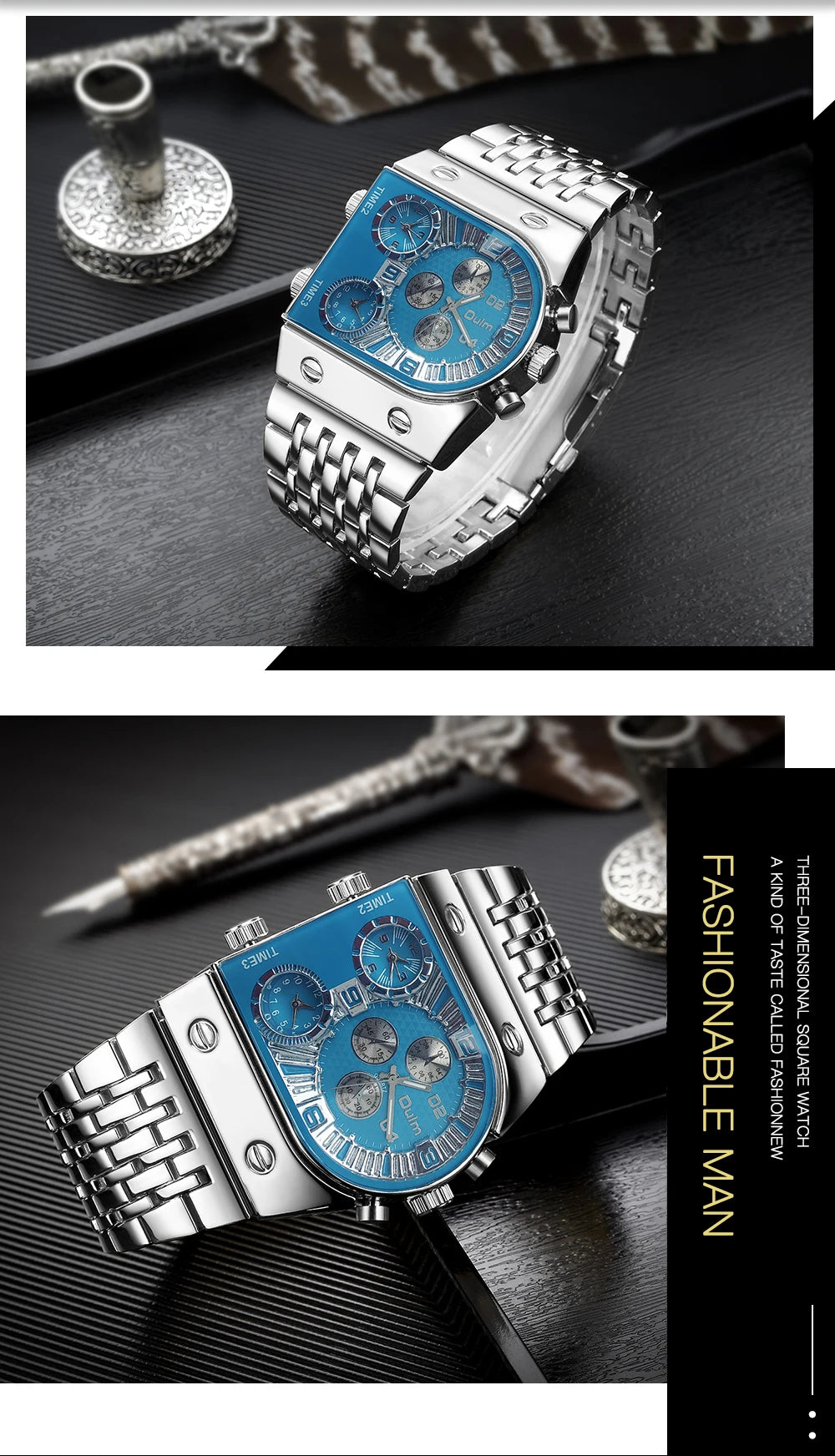 ⌚ Montre Oulm Unique – Design Carré Doré, Multi-Fuseaux Horaires & Style Militaire