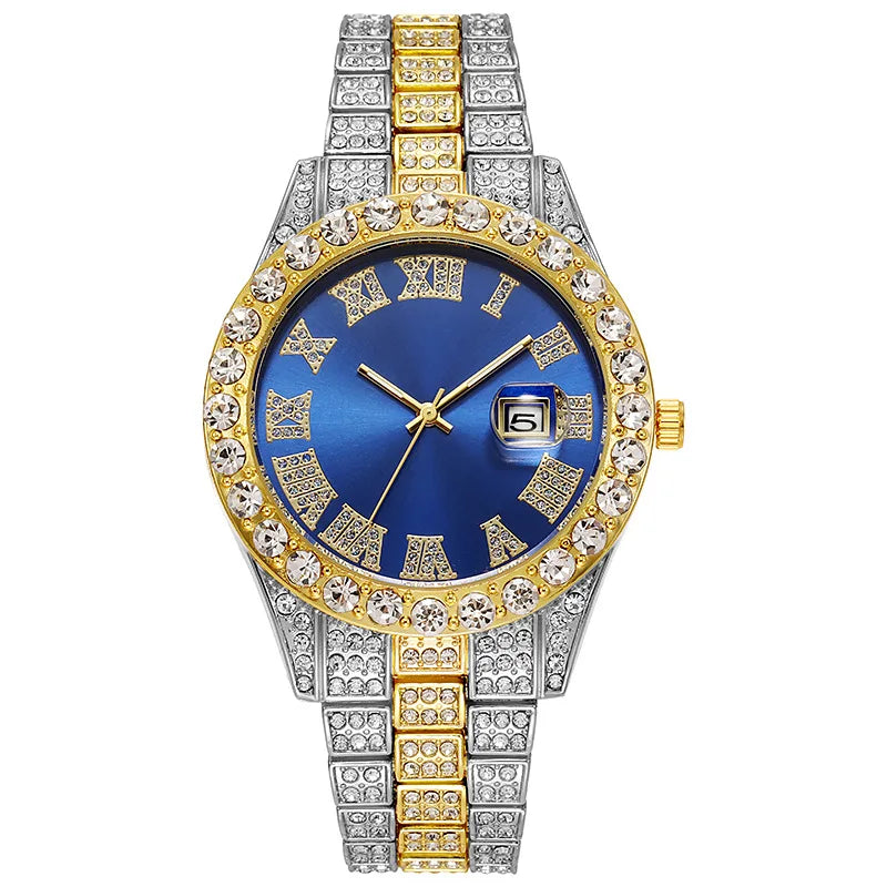💎 Montre Homme Hip-Hop de Luxe – Acier Inoxydable Doré & Strass Brillants | TVK W1508