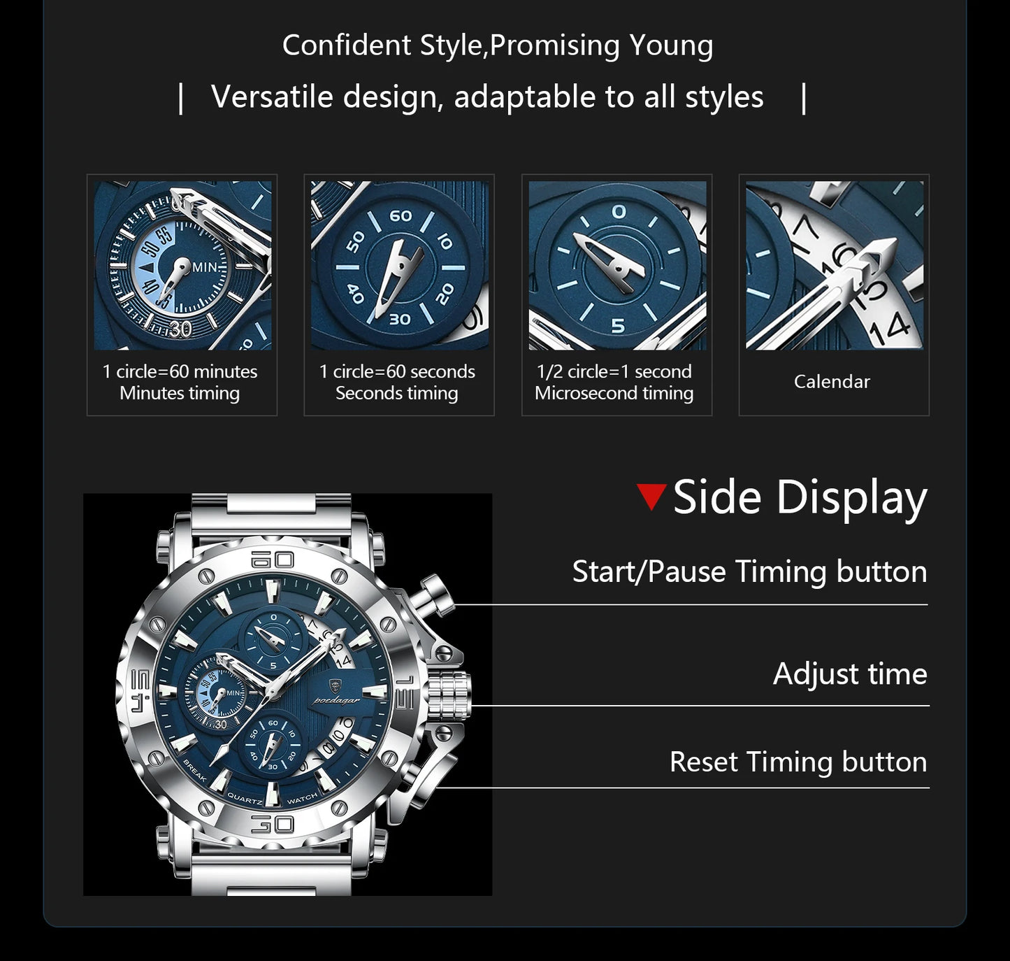 ⌚ POEDAGAR 892 – Montre Chronographe de Luxe pour Homme en Acier Inoxydable