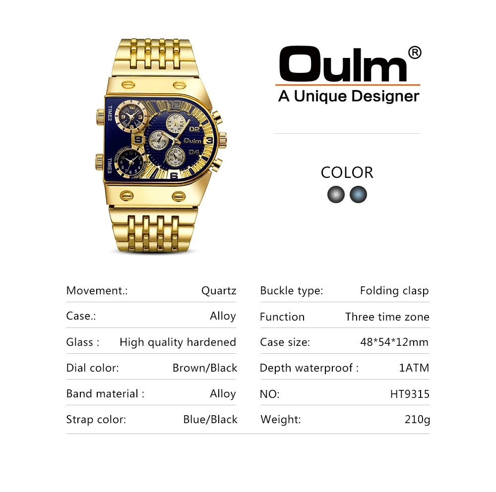 ⌚ Montre Oulm Unique – Design Carré Doré, Multi-Fuseaux Horaires & Style Militaire