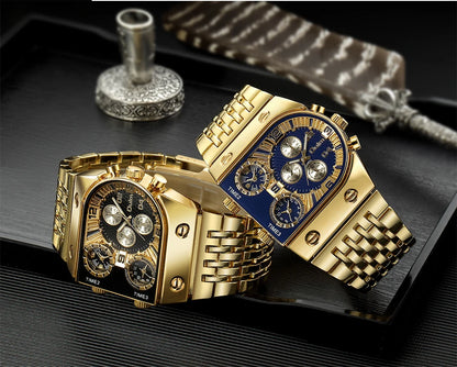 ⌚ Montre Oulm Unique – Design Carré Doré, Multi-Fuseaux Horaires & Style Militaire