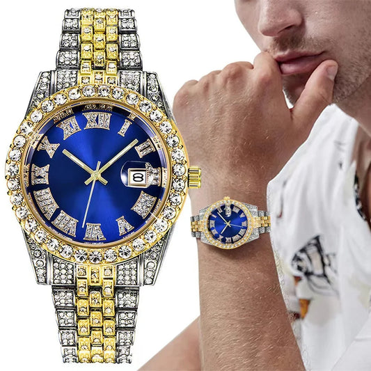 💎 Montre Homme Hip-Hop de Luxe – Acier Inoxydable Doré & Strass Brillants | TVK W1508