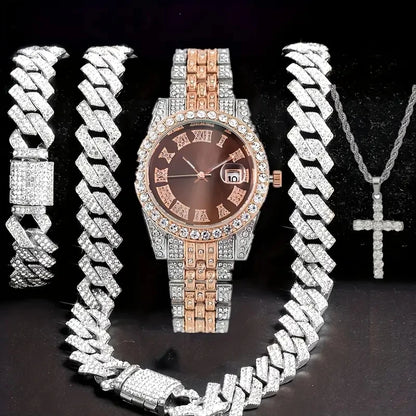 💎 Ensemble Luxe 4 Pièces Homme – Montre Bling & Chaîne Cubaine | RUNERR Edition