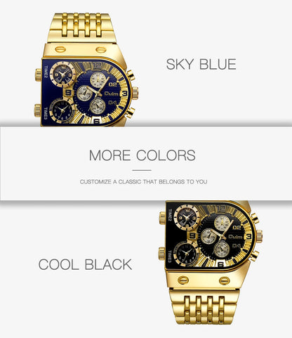 ⌚ Montre Oulm Unique – Design Carré Doré, Multi-Fuseaux Horaires & Style Militaire
