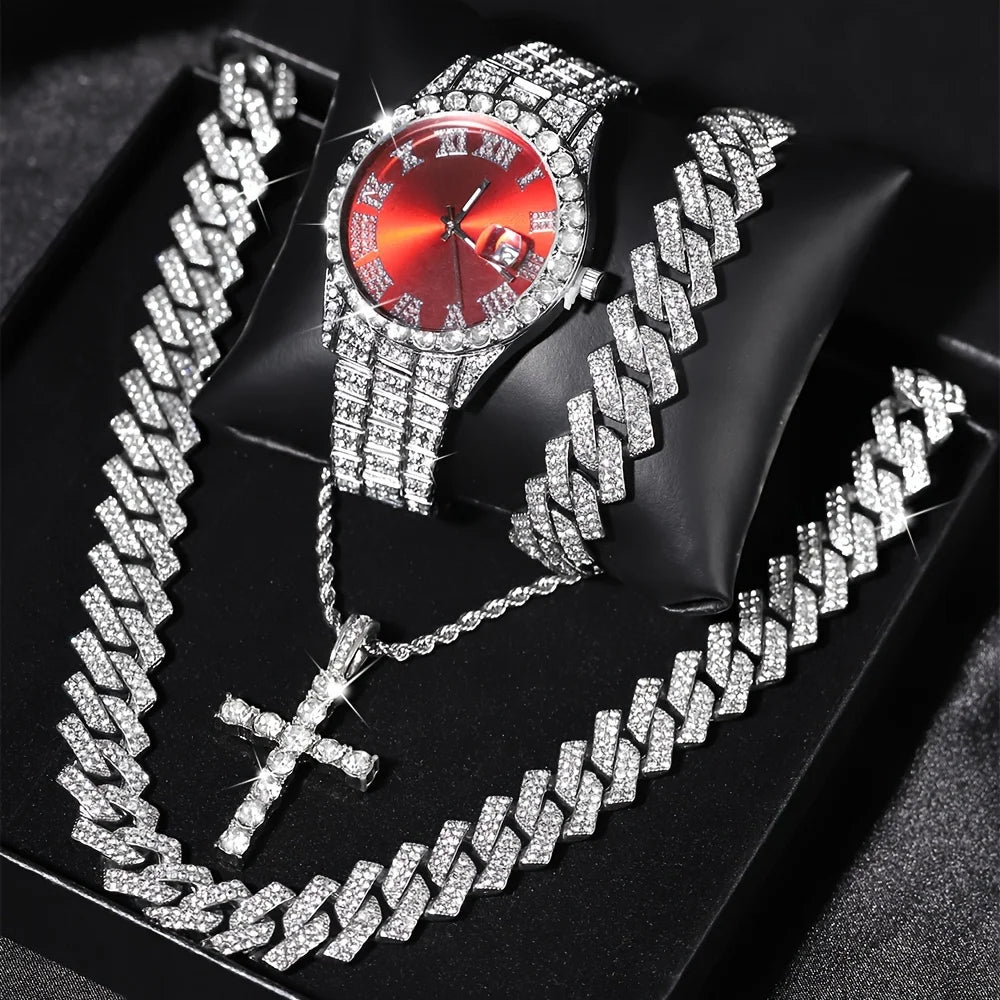 💎 Ensemble Luxe 4 Pièces Homme – Montre Bling & Chaîne Cubaine | RUNERR Edition