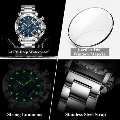 ⌚ POEDAGAR 892 – Montre Chronographe de Luxe pour Homme en Acier Inoxydable