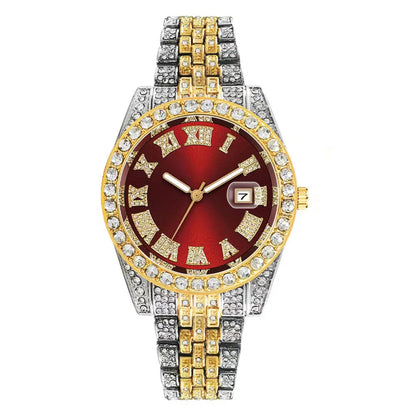 💎 Montre Homme Hip-Hop de Luxe – Acier Inoxydable Doré & Strass Brillants | TVK W1508