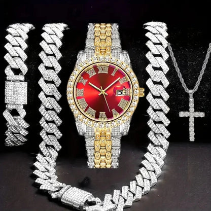 💎 Ensemble Luxe 4 Pièces Homme – Montre Bling & Chaîne Cubaine | RUNERR Edition