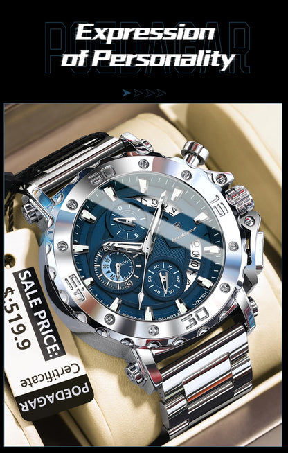 ⌚ POEDAGAR 892 – Montre Chronographe de Luxe pour Homme en Acier Inoxydable