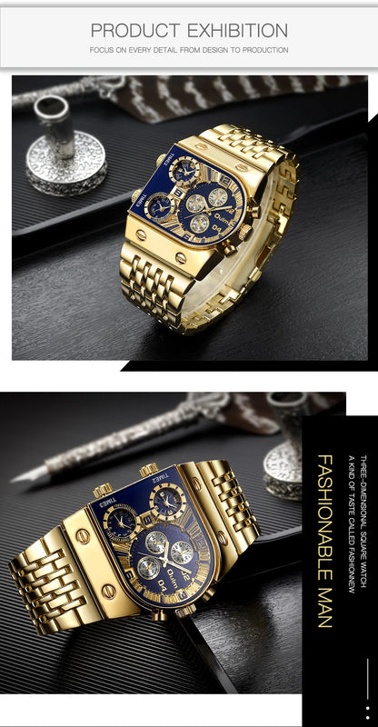 ⌚ Montre Oulm Unique – Design Carré Doré, Multi-Fuseaux Horaires & Style Militaire