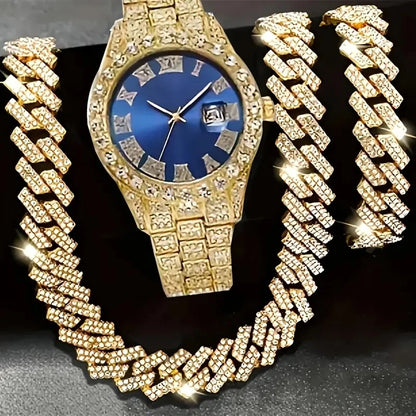 💎 Ensemble Luxe 4 Pièces Homme – Montre Bling & Chaîne Cubaine | RUNERR Edition
