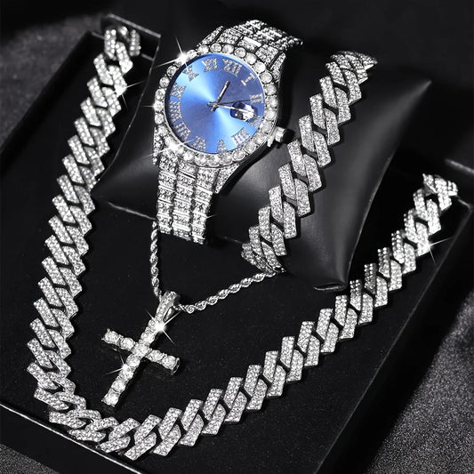 💎 Ensemble Luxe 4 Pièces Homme – Montre Bling & Chaîne Cubaine | RUNERR Edition