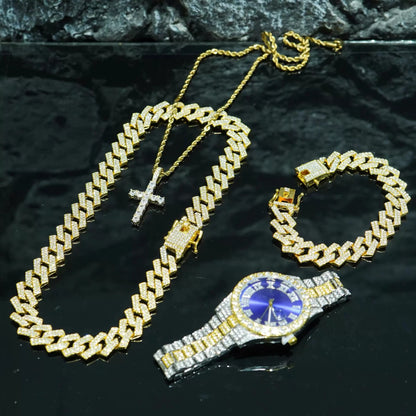 💎 Ensemble Luxe 4 Pièces Homme – Montre Bling & Chaîne Cubaine | RUNERR Edition