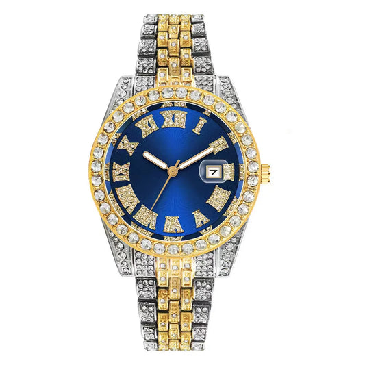 💎 Montre Homme Hip-Hop de Luxe – Acier Inoxydable Doré & Strass Brillants | TVK W1508