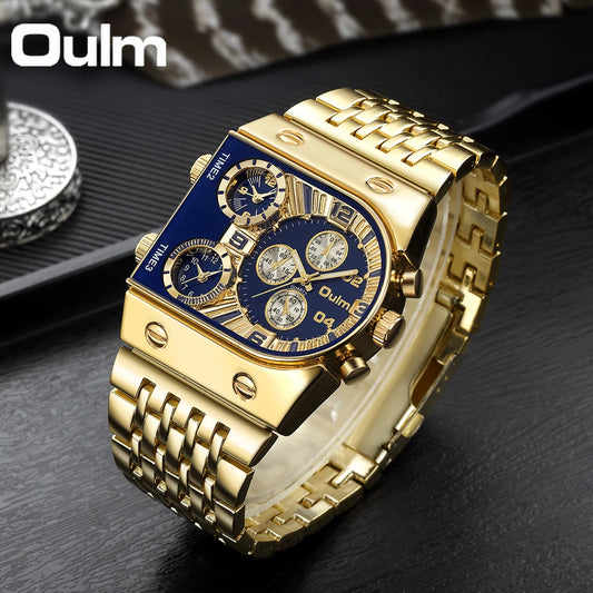 ⌚ Montre Oulm Unique – Design Carré Doré, Multi-Fuseaux Horaires & Style Militaire
