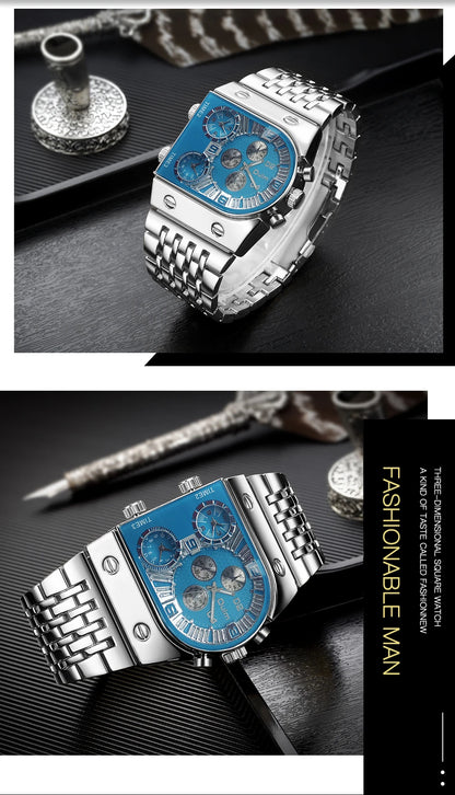 ⌚ Montre Oulm Unique – Design Carré Doré, Multi-Fuseaux Horaires & Style Militaire